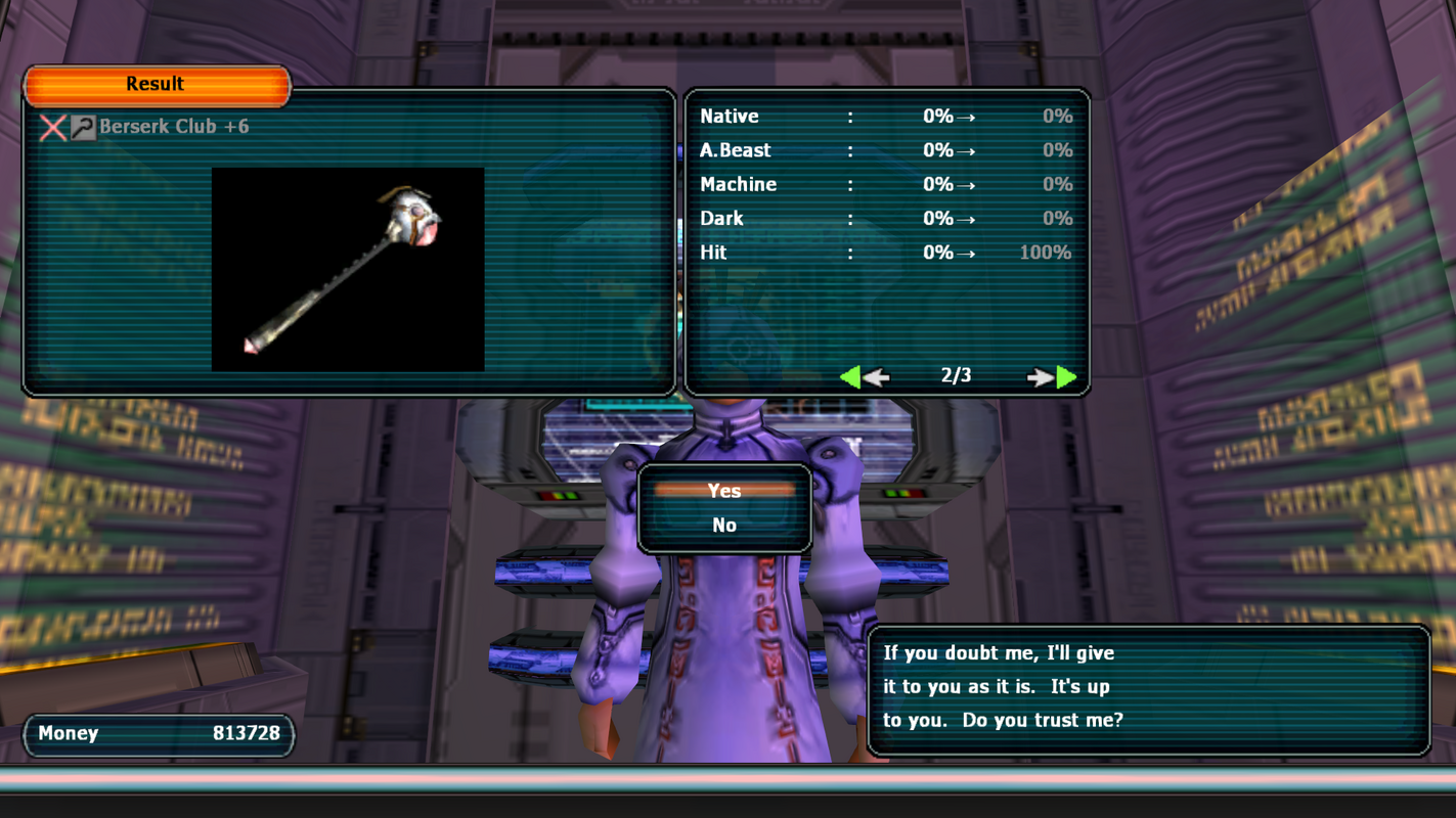 Bluefull tekker appraising one clean 100 hit Berserk Club +6, beckoning: Do you trust me?